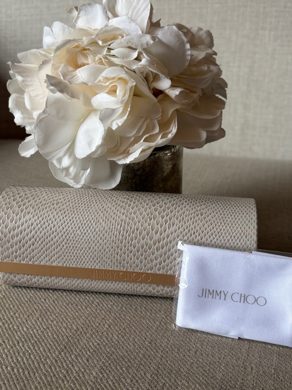 Jimmy Choo Cream Hard Shell Snakeskin-Embossed Sunglass Case with Lens Cleaner